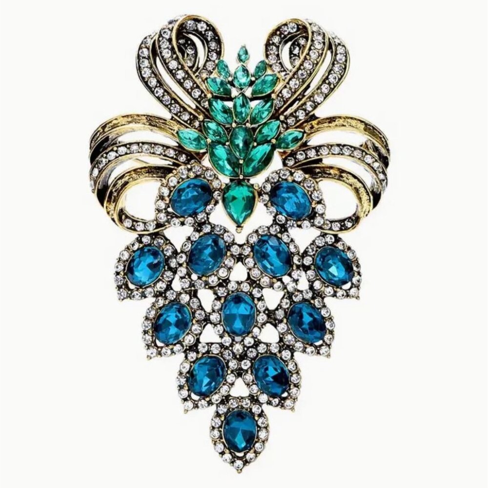 Rhinestone Brooch With Blue & Green Stones Gold-Tone